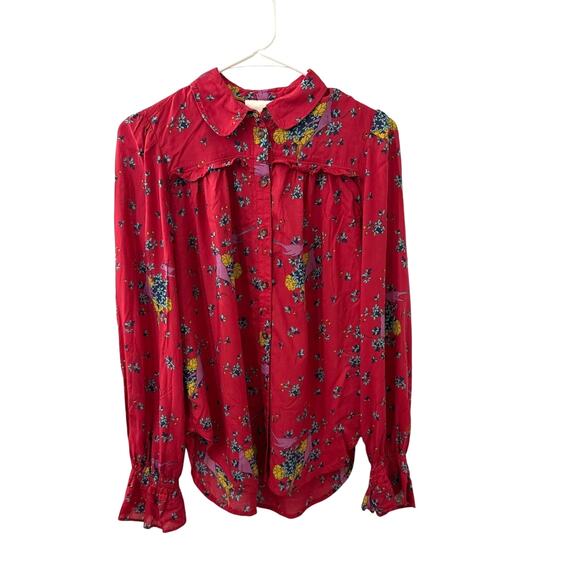 Anthropologie Maeve Boho Fredericka Birds Floral Long Shirt Ruffled Top Size 0 - Picture 1 of 3